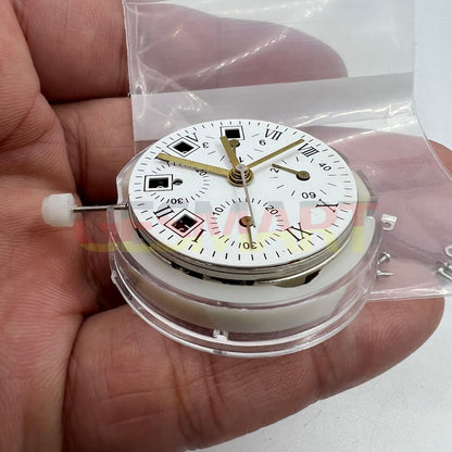 Black dial chronograph watch with ETA 7750 movement and single calendar feature.