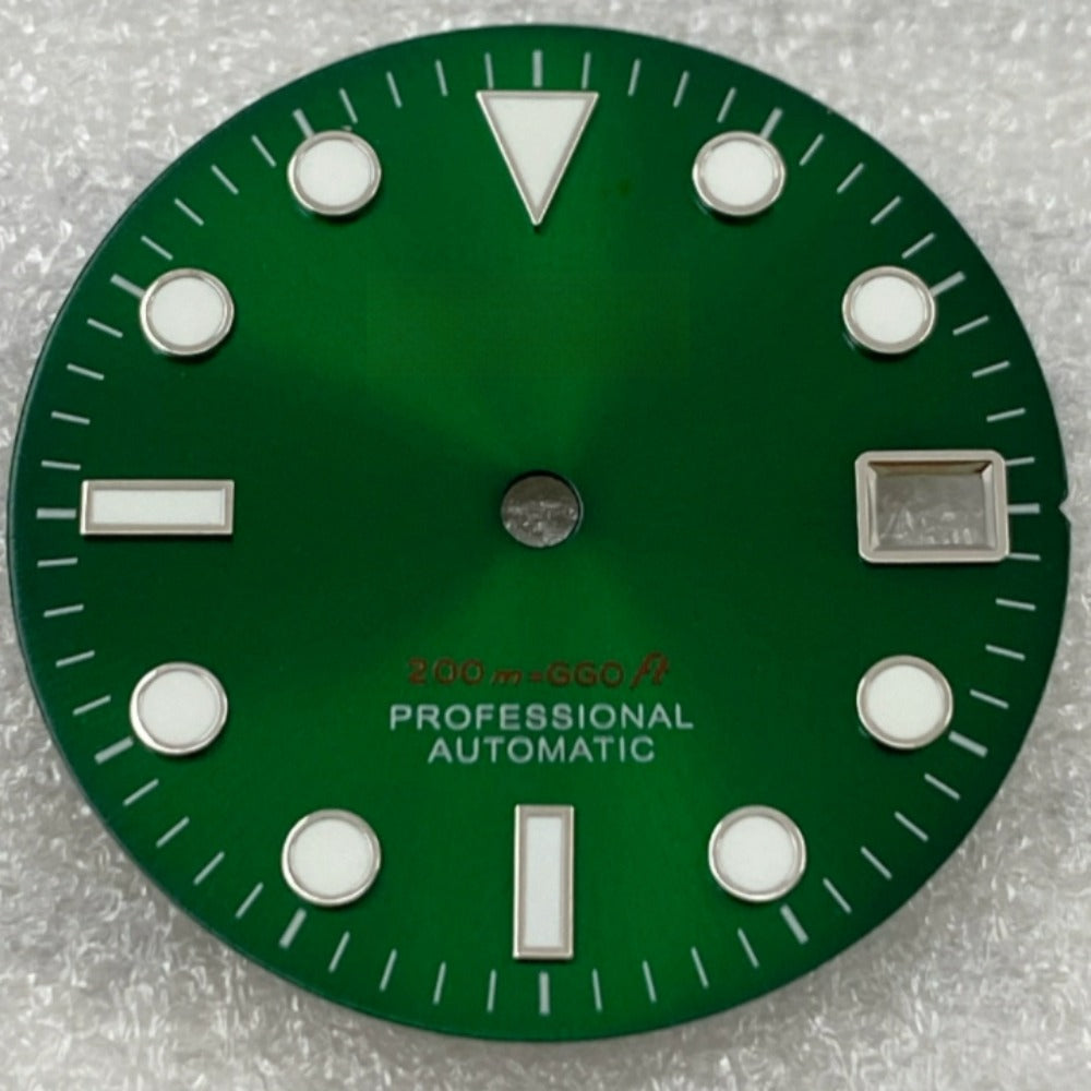 Green lume watch dial with silver trim for NH35/36 movement, ideal for custom nail watches.