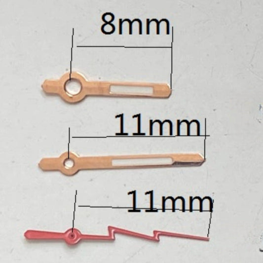 Aiguilles de montre 11 mm avec garniture dorée rose et luminescentes vertes et rouges pour mouvement à quartz Ronda 515