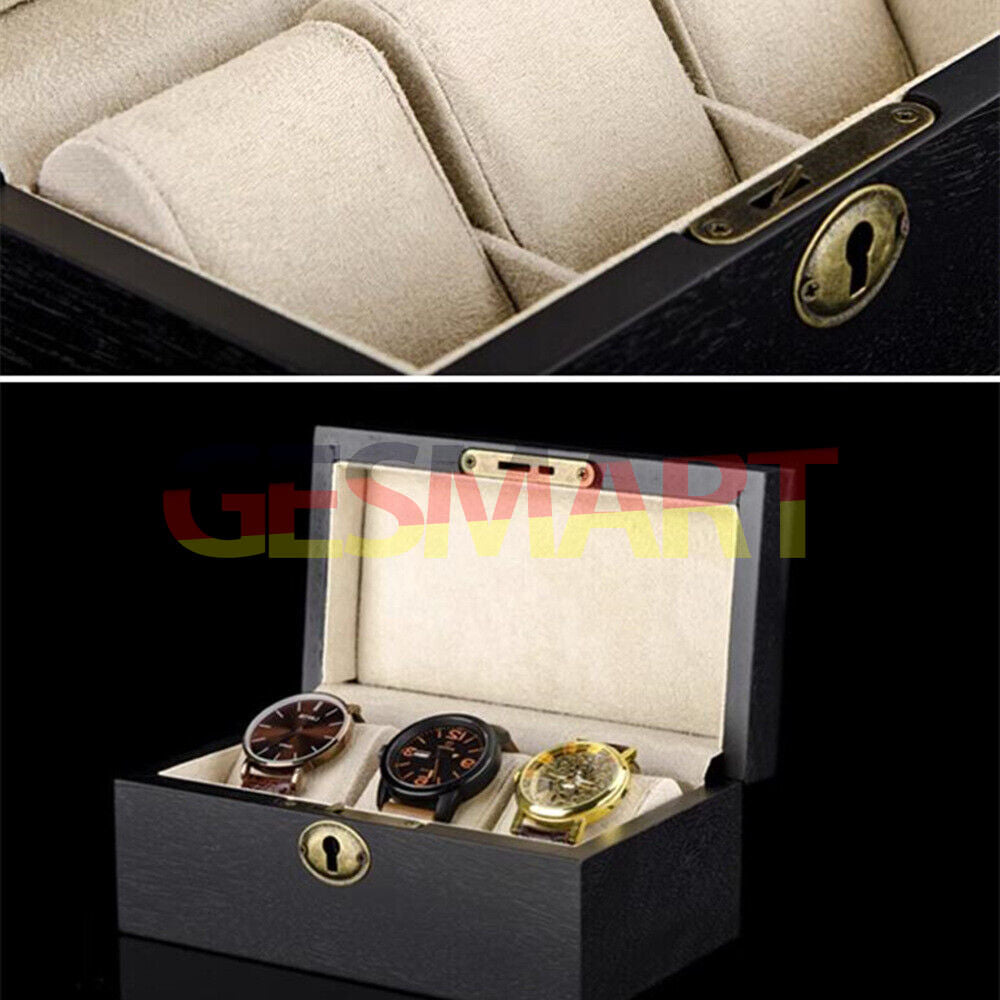 Black wooden watch box organizer with three compartments for elegant watch storage.