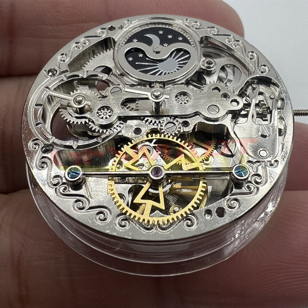 Double Mainspring hollow mechanical watch movement displaying dual time zones with precise craftsmanship.