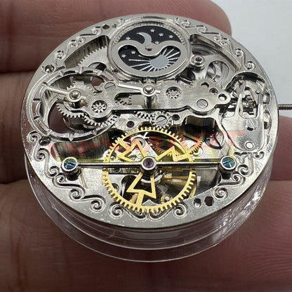 Double Mainspring hollow mechanical watch movement displaying dual time zones with precise craftsmanship.
