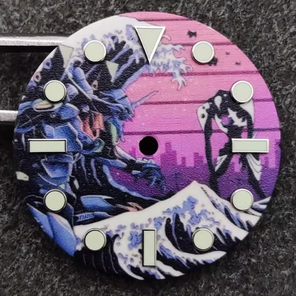 28.5mm Pink Japanese Landscape Painting Wave Lume Watch Dial Fit for NH35 Round Nail