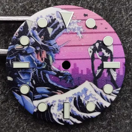 28.5mm Pink Japanese Landscape Painting Wave Lume Watch Dial Fit for NH35 Round Nail