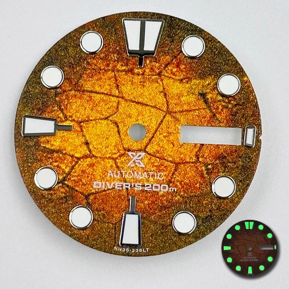 Orange 28.5mm diving watch dial with green luminous markers, compatible with NH35 NH36 movements, Brand Name.