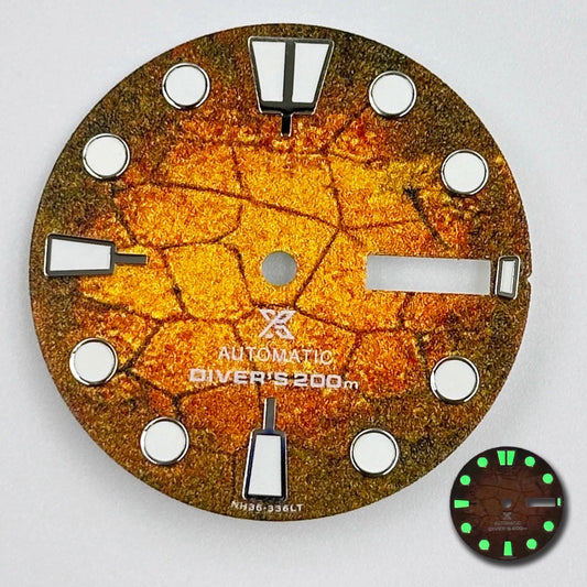 Orange 28.5mm diving watch dial with green luminous markers, compatible with NH35 NH36 movements, Brand Name.