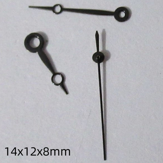 Black 14mm watch hands set by Miyota for 2035 2115 2105 2305 movements, sleek design.