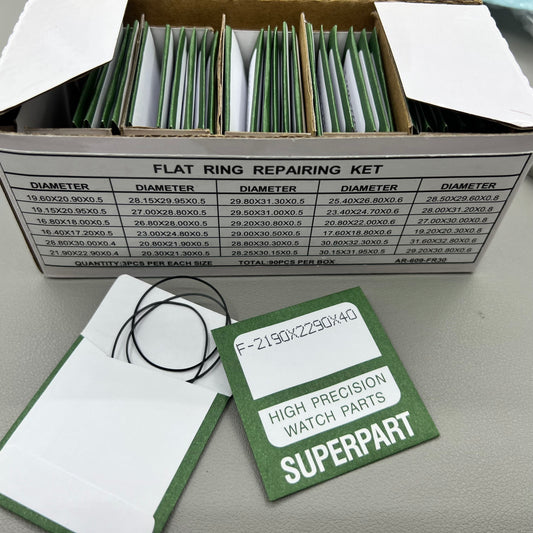 Set of 90 waterproof F-ring gaskets in 30 sizes, perfect for watch back sealing and repairs.