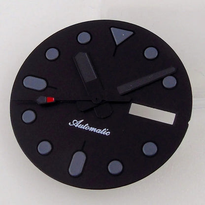 Nologo 29mm black dial with markers and hands for NH36 diver watch, double date function, 3/3.8 crown.