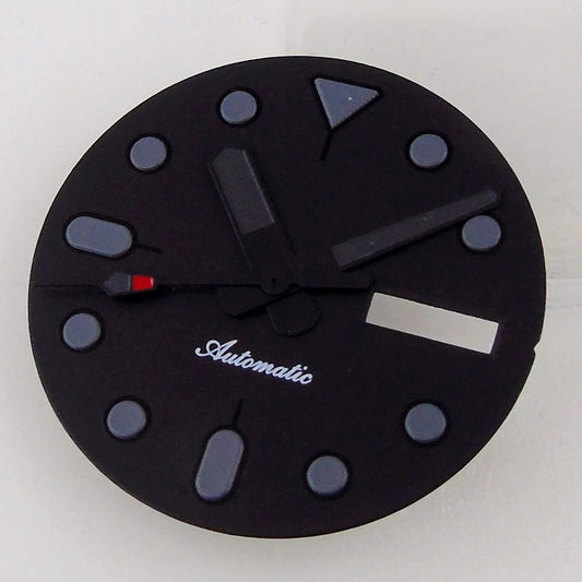 Nologo 29mm black dial with markers and hands for NH36 diver watch, double date function, 3/3.8 crown.