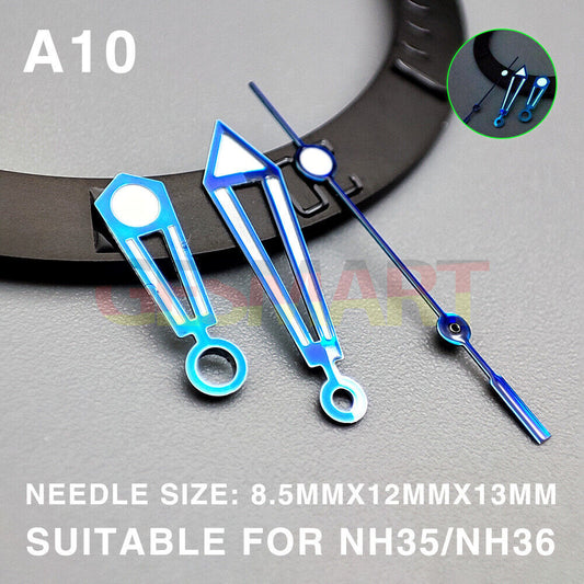 Green luminous 13mm watch hands with blue trim for Miyota NH35/NH36/NH38, ideal for precise time reading.
