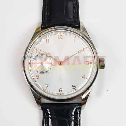Seagull 42mm men's watch with manual ST3600 movement, white dial, and chain-up design.