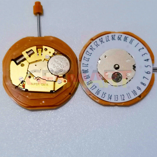 Miyota GM15 Japan quartz movement with date display at 6 o'clock, high precision and reliability.