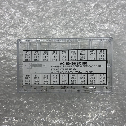 High End S/S Mini Screw set for watch case backs, straight line head, 8 sizes, 180PCS, precision brand-quality.