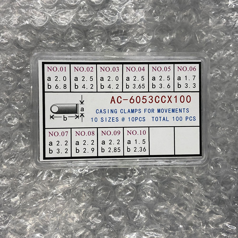 Casing clamps for watch movements, 10 sizes, 100pcs box, precision fit, durable watch repair tool.