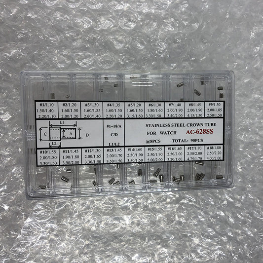 Tubes de couronne de montre en acier inoxydable AC-628SS-5, diamètre 1,5 à 2,5 mm, 90 pièces/boîte