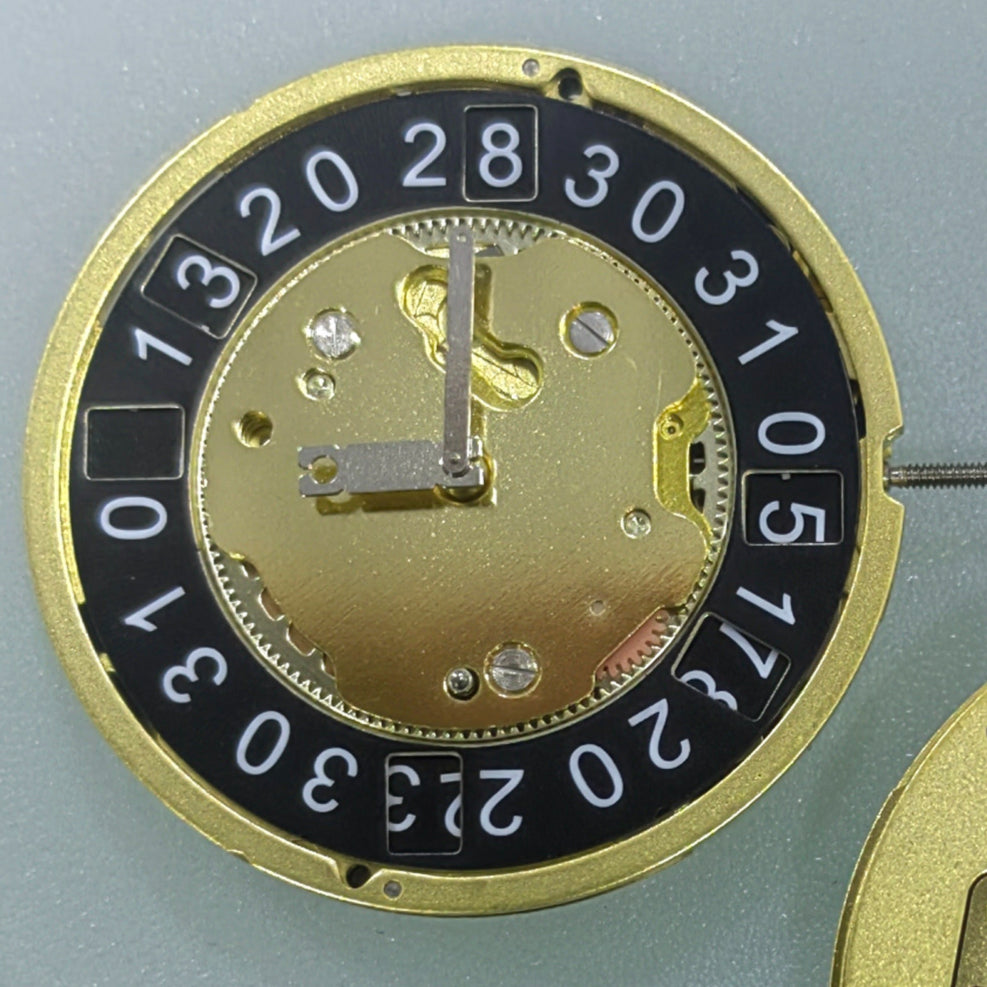 Swiss Made Ronda 4210B quartz movement with golden black disk and single calendar at 12.