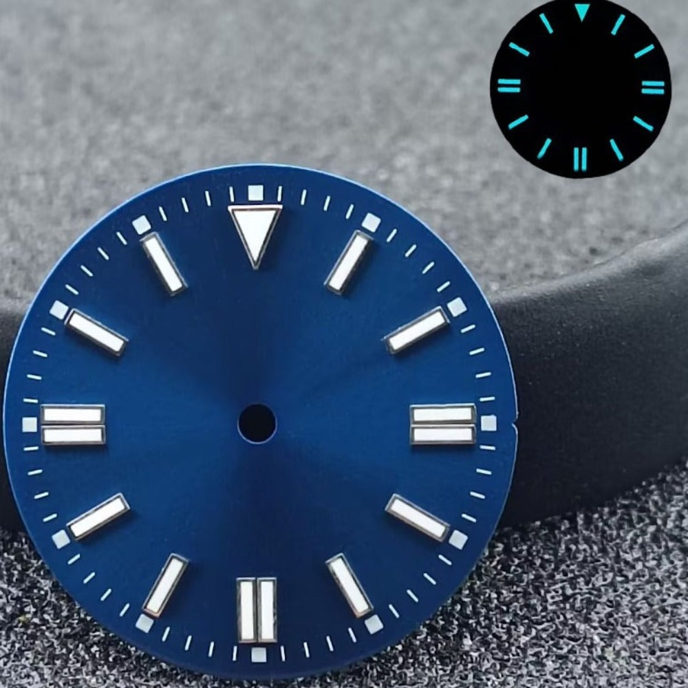 Blue luminous 28.5mm watch dial with silver metal markers for NH35/8215 ETA2836 movements.