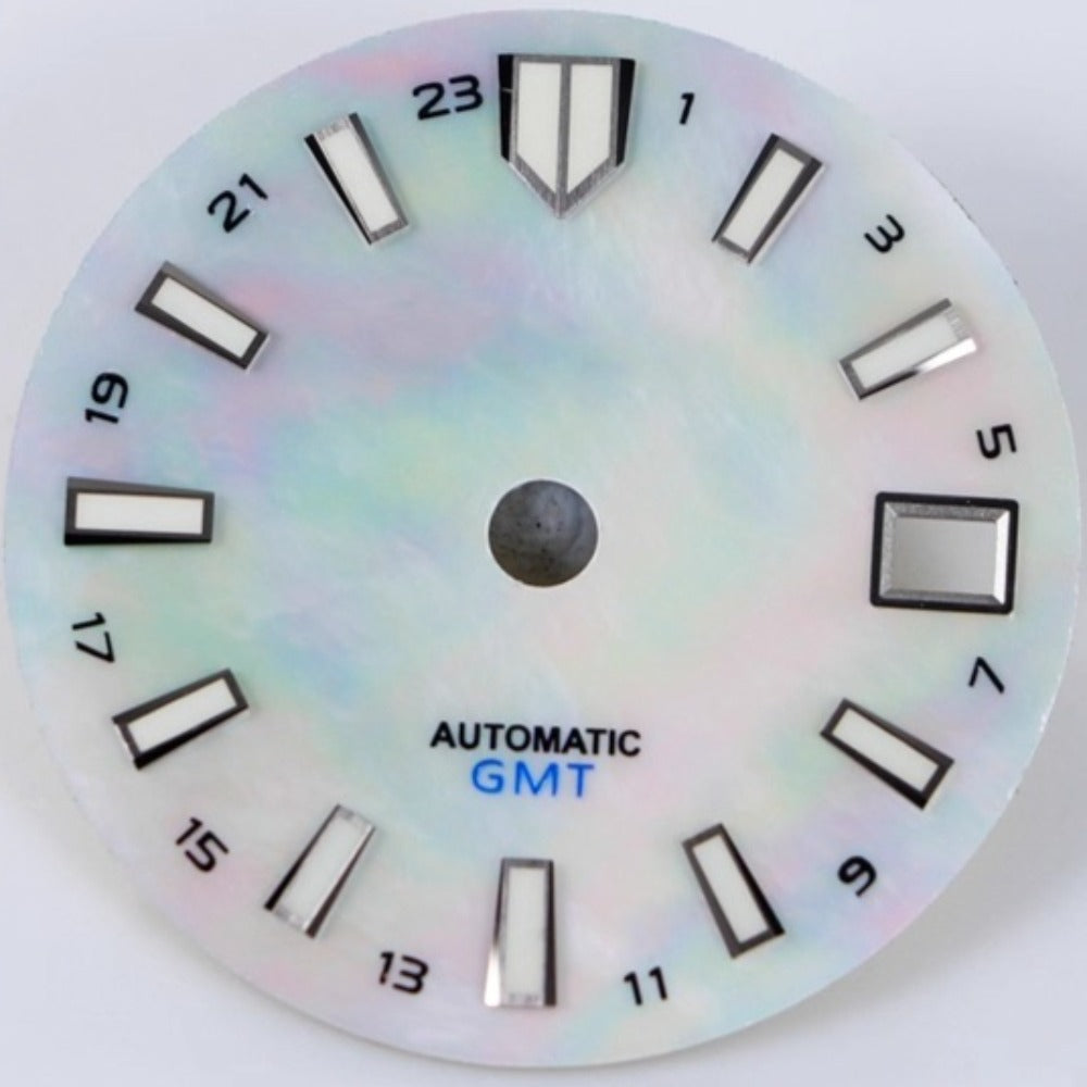 Silver 28.5mm MOP seashell watch dial for NH34 GMT movement, natural mother-of-pearl finish