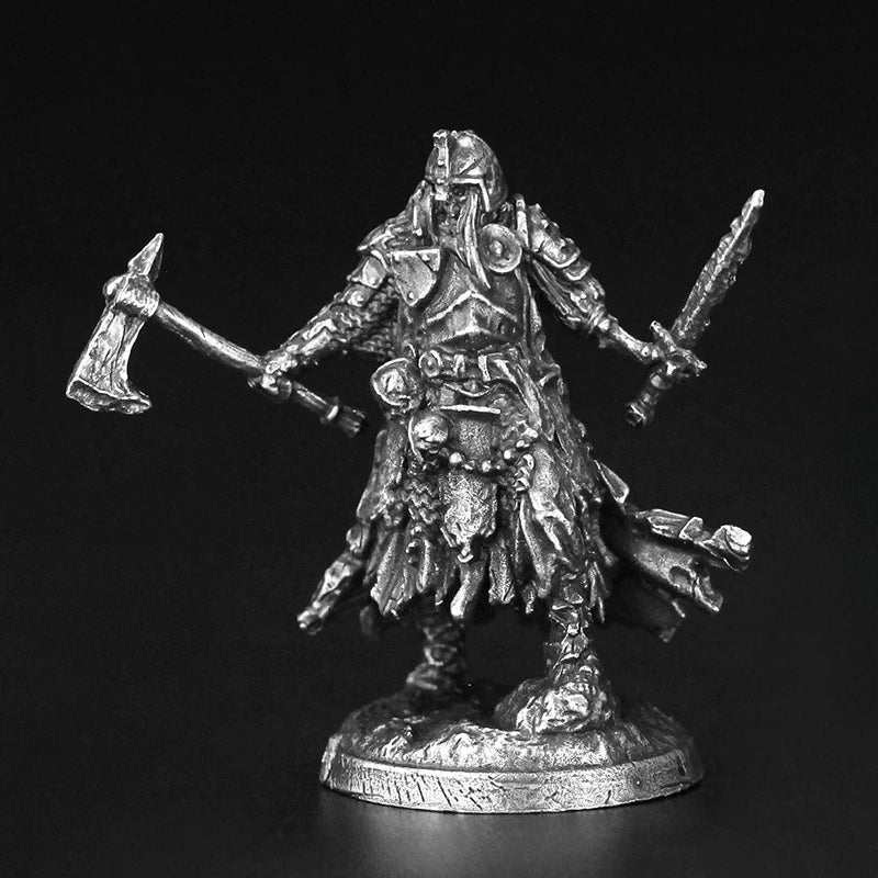 White Brass Figurine Undead Skeleton Warrior Miniature - Hooded Battleaxe and Sword Figure