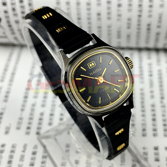 Gold HAIDA 23mm manual mechanical lady watch with black dial, 17 jewels, 3 hands for elegant timekeeping.
