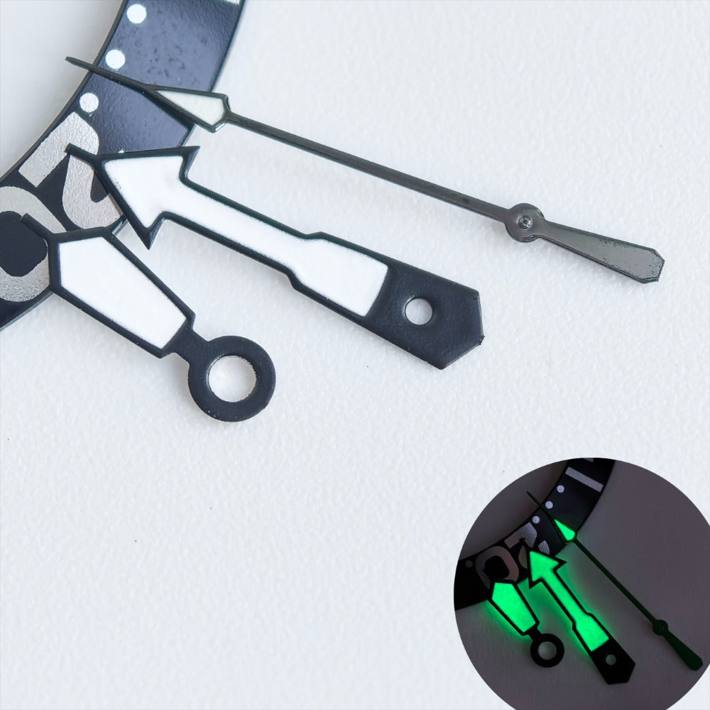 Black trim white painted watch hands with green lume for NH35/36 movement, enhancing visibility and style.