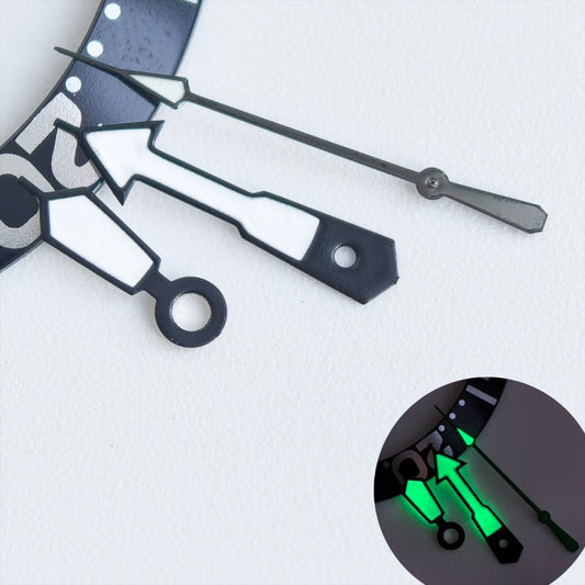 Black trim white painted watch hands with green lume for NH35/36 movement, enhancing visibility and style.