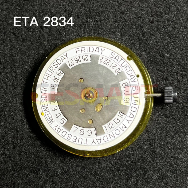 Swiss Made ETA 2834 automatic mechanical movement by V8 for precise watch repairs and replacements.