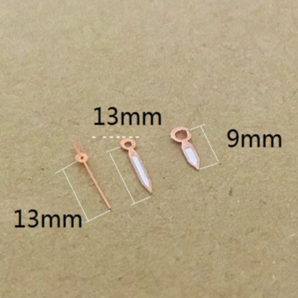 Rose Gold trimmed green lume watch hands for Miyota 2035, perfect for elegant quartz timepieces.