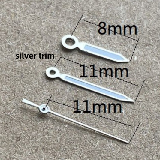 Aiguilles de montre luminescentes vertes 11 x 11 x 8 mm, garniture argentée, pour mouvement à quartz Ronda 515