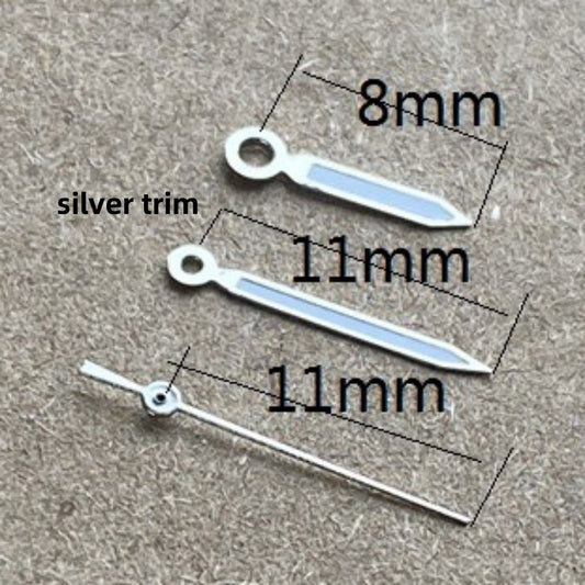 Aiguilles de montre luminescentes vertes 11 x 11 x 8 mm, garniture argentée, pour mouvement à quartz Ronda 515