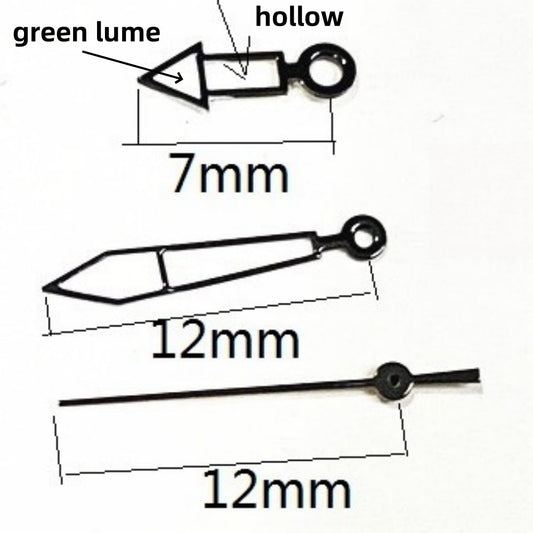 Hollow black trim lume watch hands set for Ronda 515 quartz movement, enhancing readability and style.
