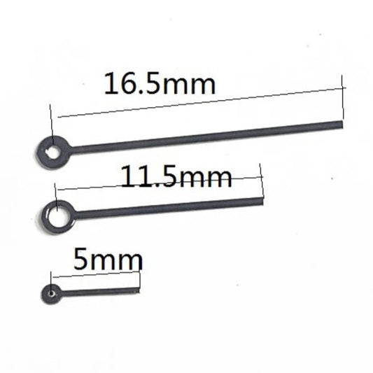 Black 16.5mm painted watch hands for Miyota GP10 movement, includes hour and minute hands with small second, branded.