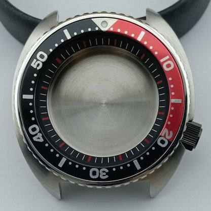 42.5mm silver watch case with black and red bezel, black ring, compatible with NH35 NH36 NH38 NH70 movements, brand name included.