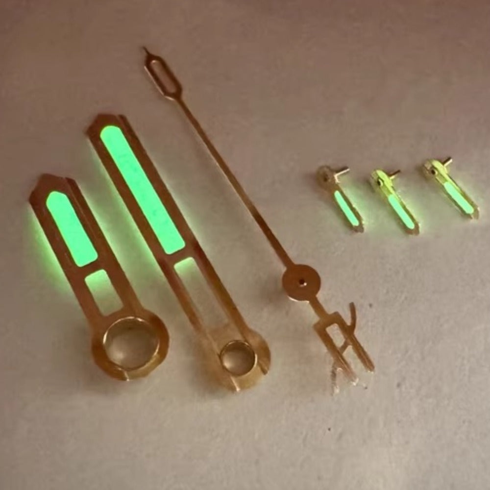 Golden trimmed green lume watch hands for Dandong 7750 movement, designed for Hublot watches.