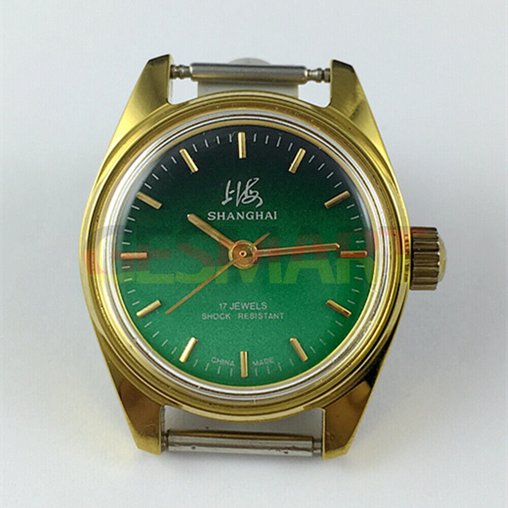 Lady?s 27mm manual watch with 17 jewels, dark green dial, golden nail hands. Elegant accessory.