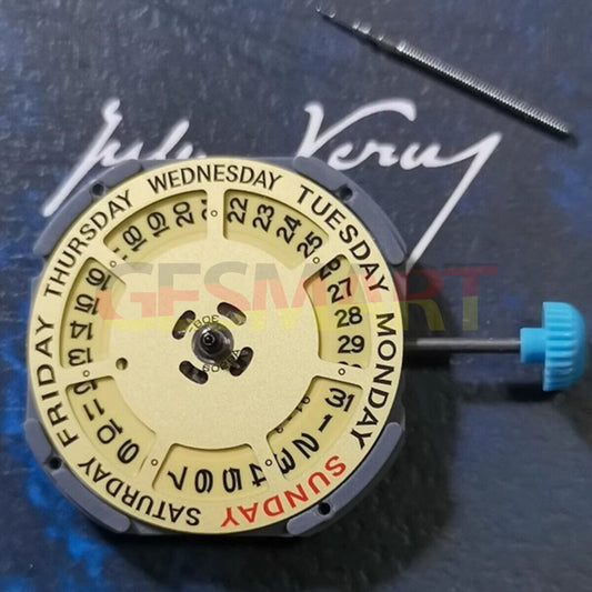 Miyota 6M50 quartz movement with golden dial and date at 3, perfect for watch repairs and accessories.