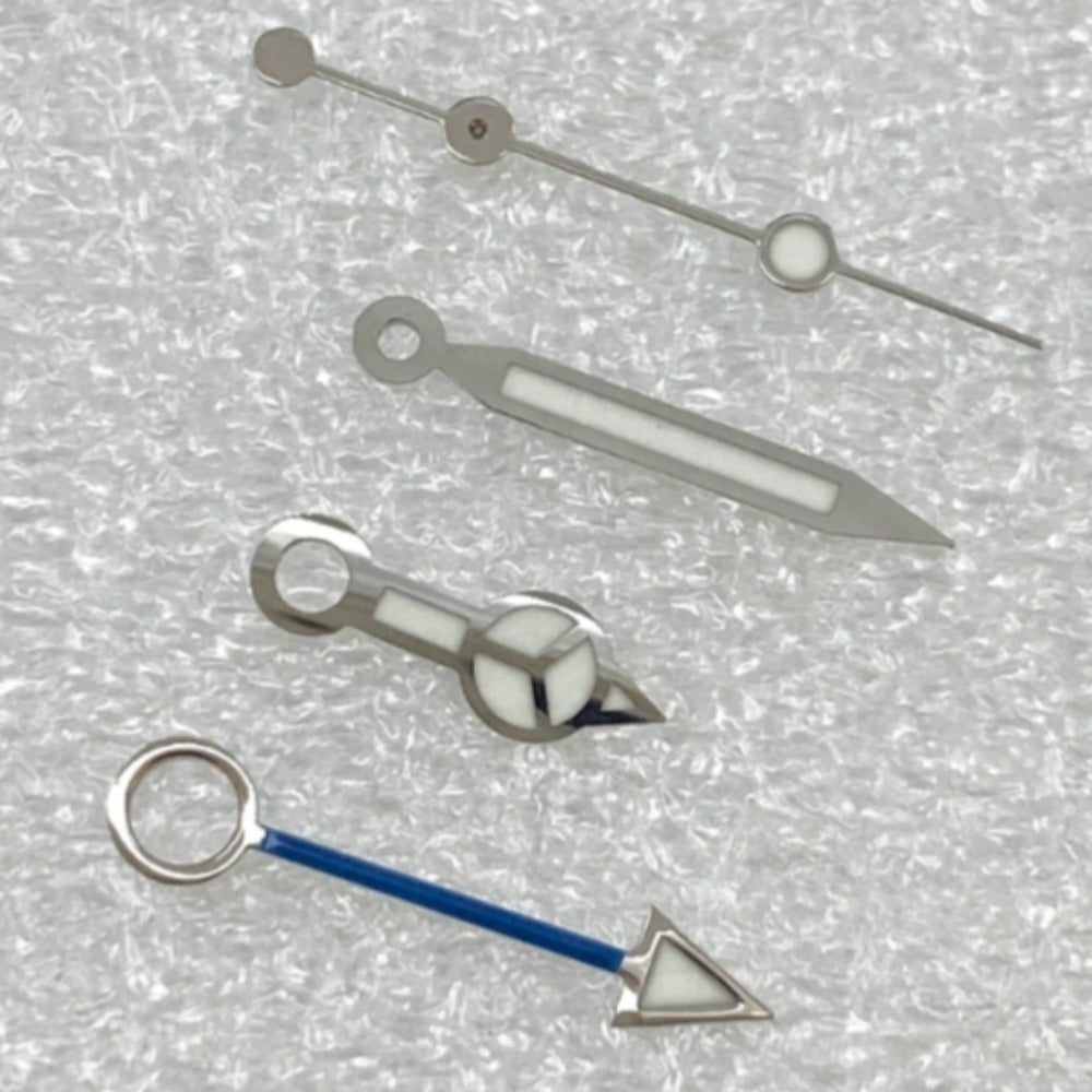 Silver-trimmed blue GMT watch hands with BGW9 lume, designed for NH34 movement