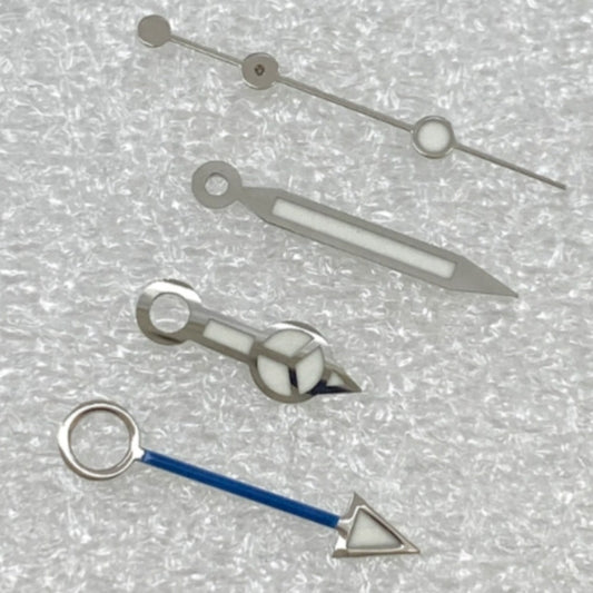 Silver-trimmed blue GMT watch hands with BGW9 lume, designed for NH34 movement