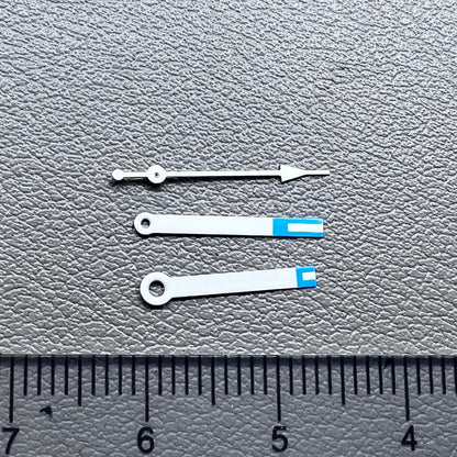 Set of blue tip white trim watch hands compatible with Miyota 2035 quartz movement, precise fit.