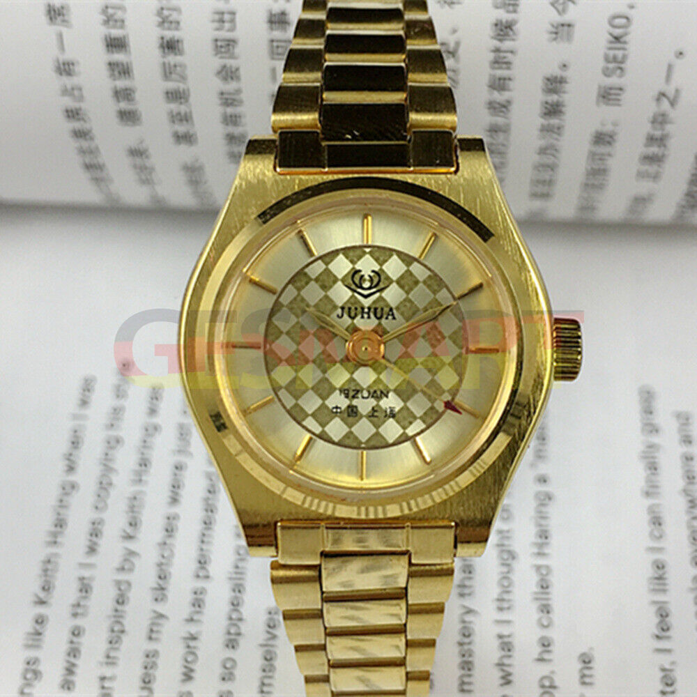 26mm Shanghai Made Lady Manual Watch with 19 Jewels, golden flower grid dial, elegant design, perfect gift.