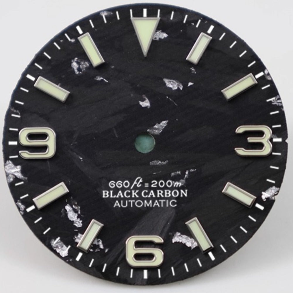 Silver and black 28.5mm Explorer style carbon fiber watch dial, compatible with NH34 NH35 movements,.