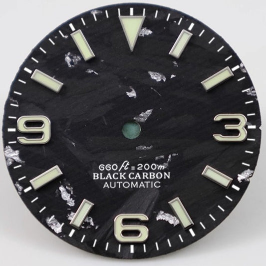 Silver and black 28.5mm Explorer style carbon fiber watch dial, compatible with NH34 NH35 movements,.