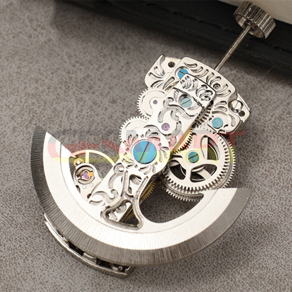 Asian Dandong silver hollow rectangle watch accessory showcasing automatic mechanical movement details