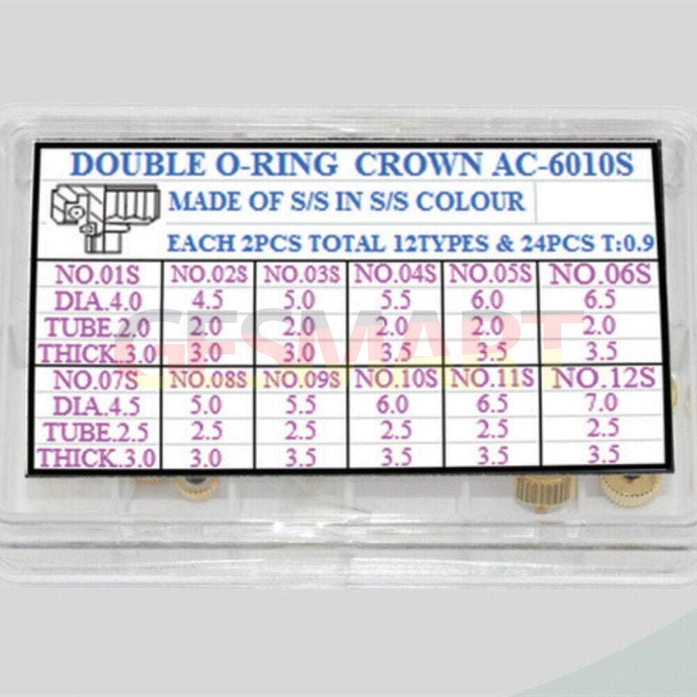 Silver stainless steel watch crown with double waterproof O-ring, durable repair part for watches.