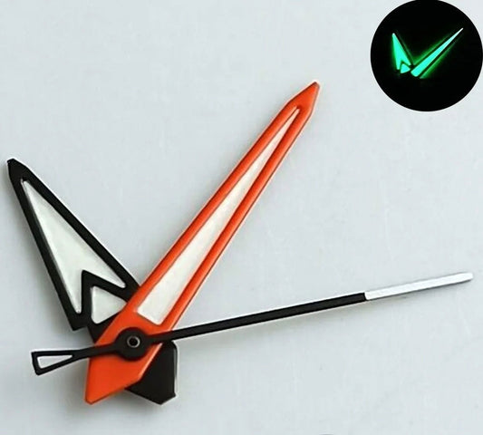 Arrow shape green lume watch hands with orange and black trim, compatible with NH35 NH36 NH70 movements, brand ArrowPro.