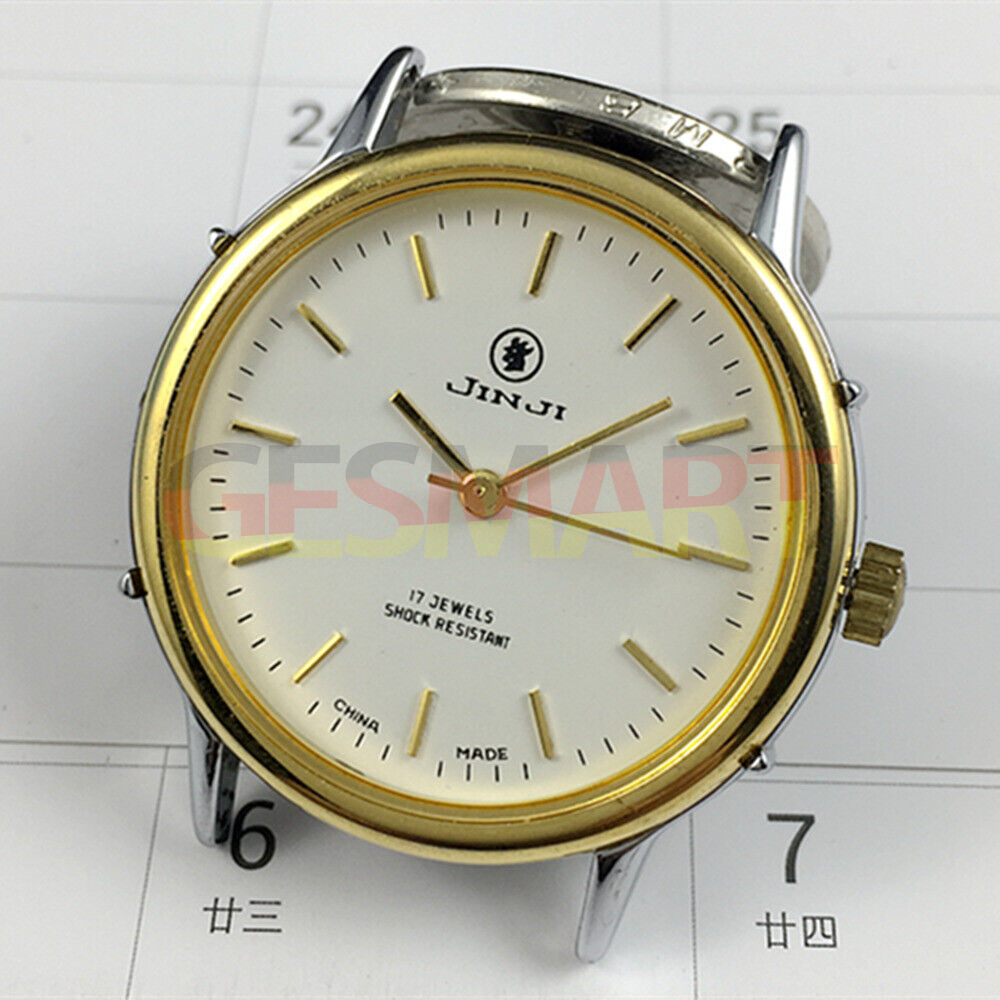 Shanghai Jinji 37mm manual mechanical watch featuring 17 jewels, gold markers, and shock resistance.
