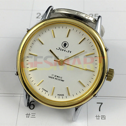 Shanghai Jinji 37mm manual mechanical watch featuring 17 jewels, gold markers, and shock resistance.