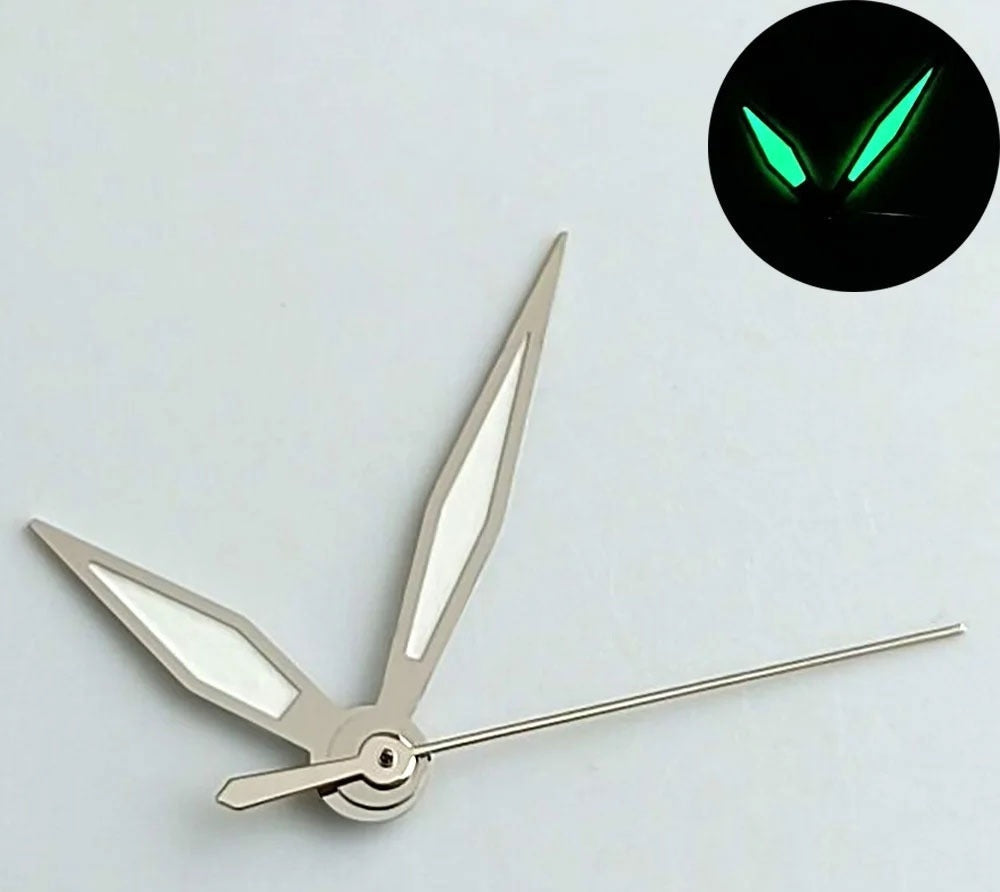 Arrow-shaped green lume watch hands with silver trim for NH35, NH36, 7S26, NH70 movements.