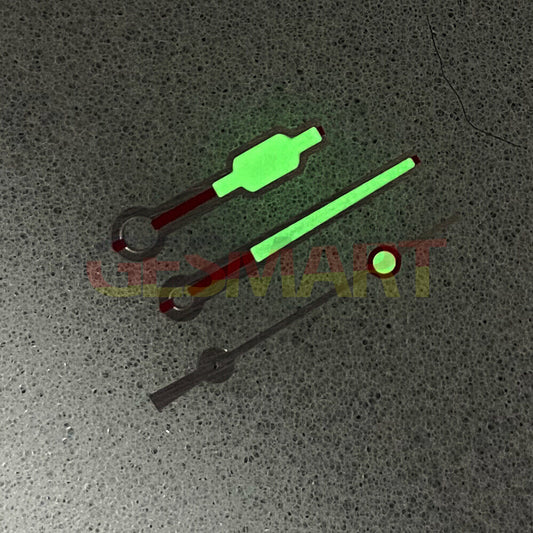 Silver trim green luminous watch hands designed for NH35, NH36, 4R, and 7S movements, ideal for custom watch builds by Color Block.